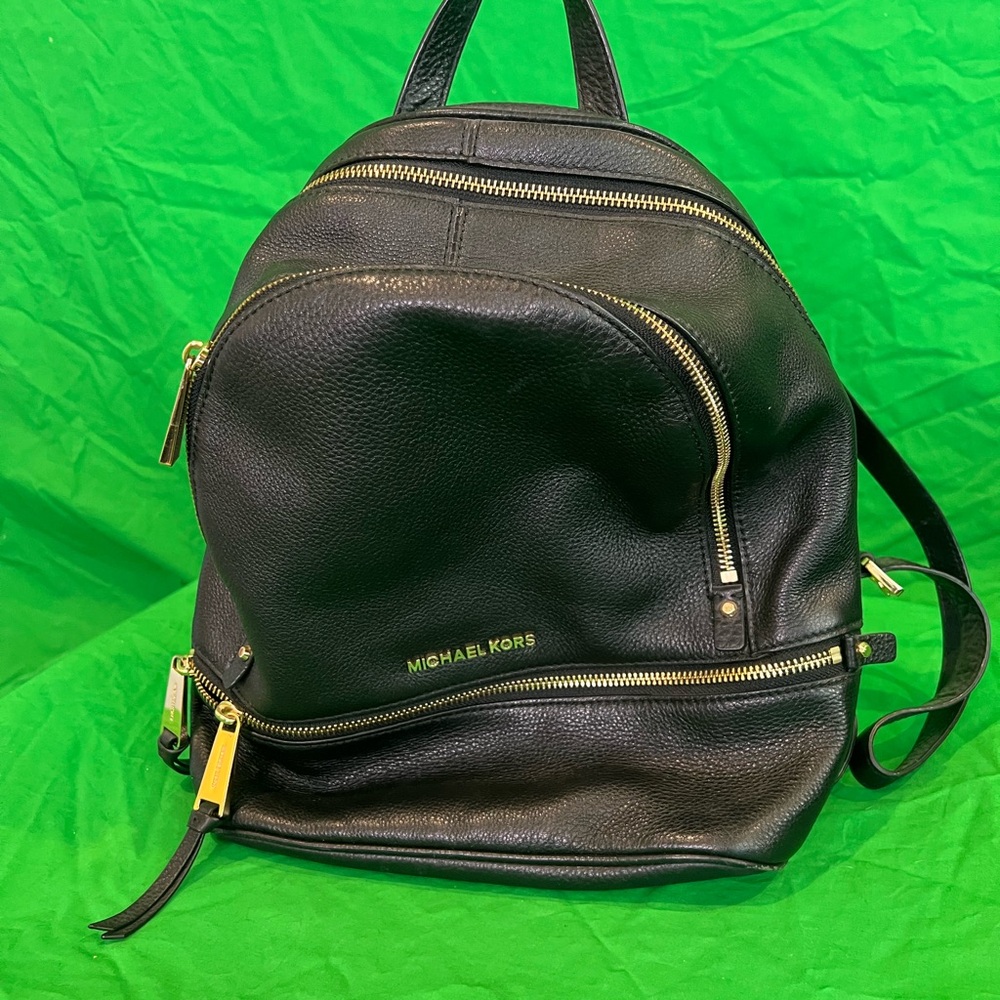 Michael Kors Black Leather Backpack with Gold Accents